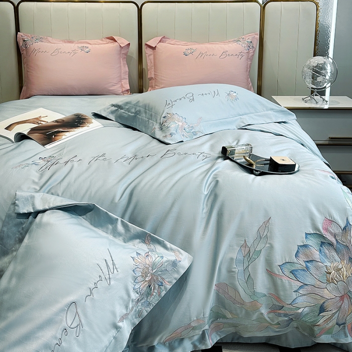 91家纺网 家纺一手货源 找家纺 宅家居 2024轻奢小香风纯棉长绒棉四件套奥菲亚系列 奥菲亚-湖水蓝