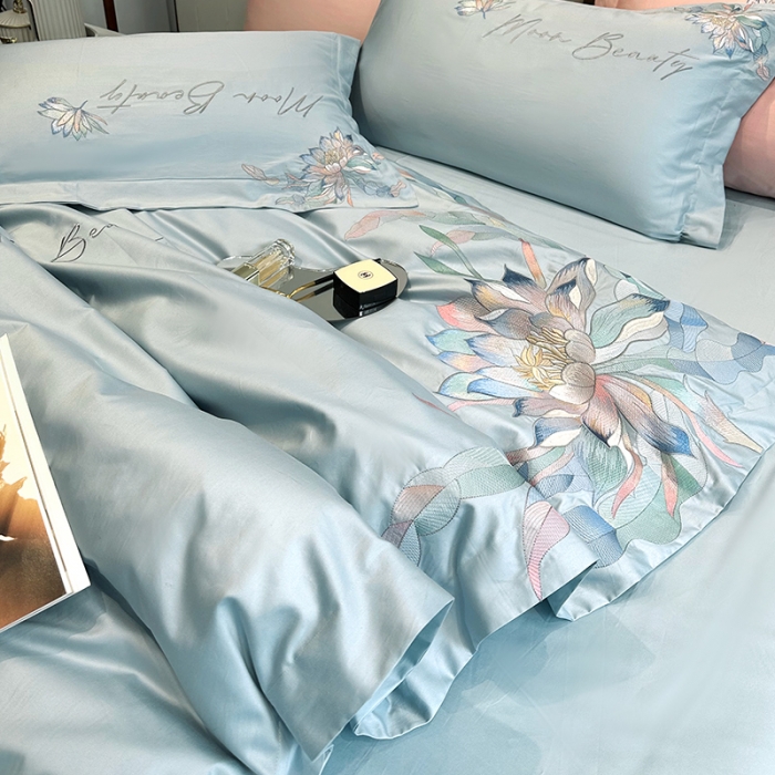 91家纺网 家纺一手货源 找家纺 宅家居 2024轻奢小香风纯棉长绒棉四件套奥菲亚系列 奥菲亚-湖水蓝