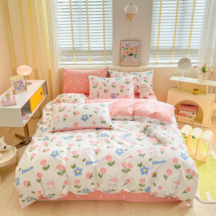 91家纺网 家纺一手货源 找家纺 芷卧 2025新款13372全棉碎花小清新四件套 兔花园