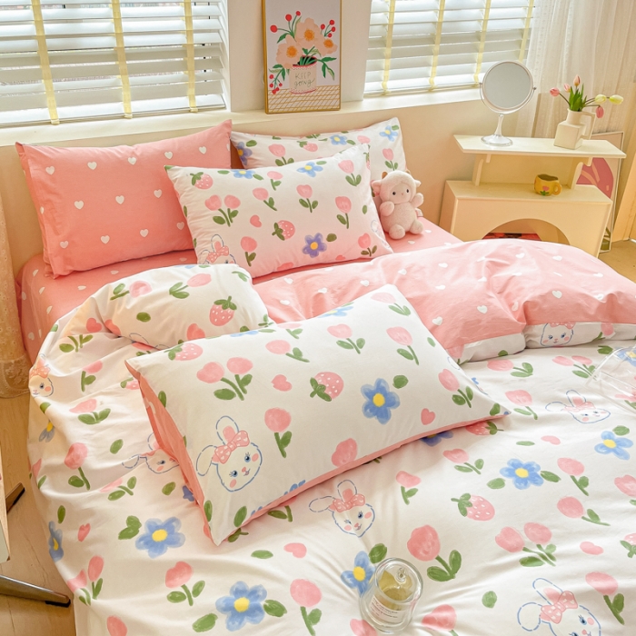 91家纺网 家纺一手货源 找家纺 芷卧 2025新款13372全棉碎花小清新四件套 兔花园