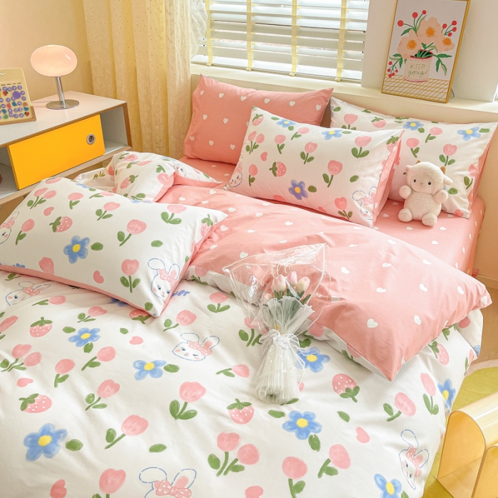 91家纺网 家纺一手货源 找家纺 芷卧 2025新款13372全棉碎花小清新四件套 兔花园