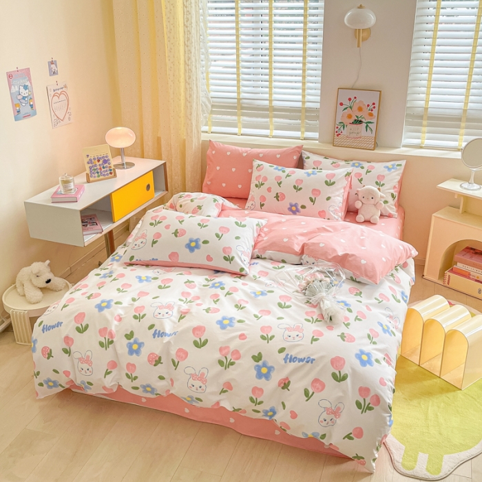 91家纺网 家纺一手货源 找家纺 芷卧 2025新款13372全棉碎花小清新四件套 兔花园