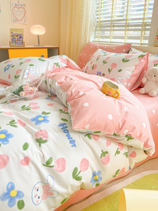 91家纺网 家纺一手货源 找家纺 芷卧 2025新款13372全棉碎花小清新四件套 兔花园