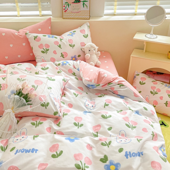 91家纺网 家纺一手货源 找家纺 芷卧 2025新款13372全棉碎花小清新四件套 兔花园