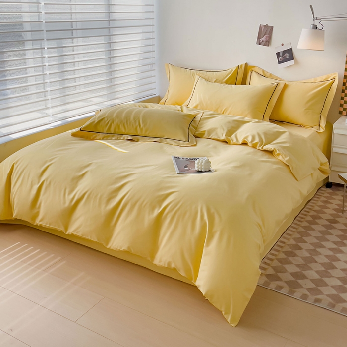 91家纺网 家纺一手货源 找家纺 锦彩 40长绒棉13372全棉纯色混搭风四件套 初黄