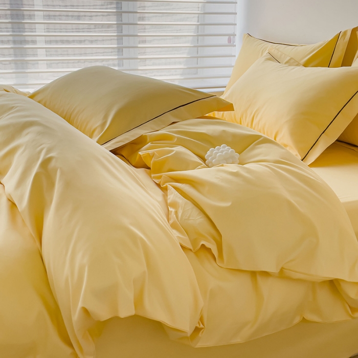 91家纺网 家纺一手货源 找家纺 锦彩 40长绒棉13372全棉纯色混搭风四件套 初黄