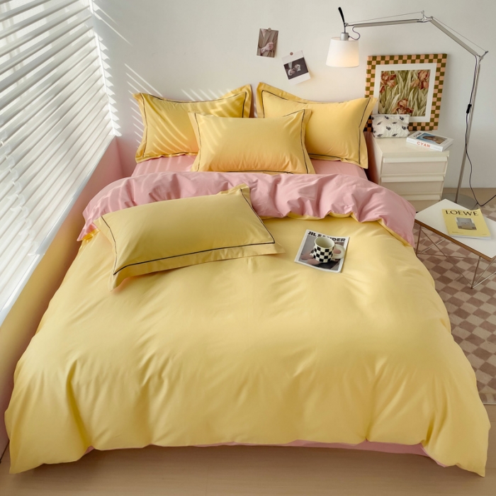 91家纺网 家纺一手货源 找家纺 锦彩 40长绒棉13372全棉纯色混搭风四件套 初黄-浅豆沙
