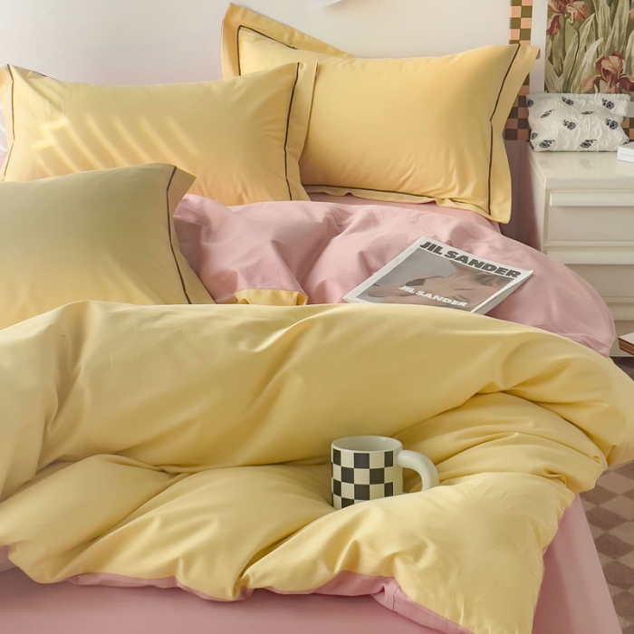 91家纺网 家纺一手货源 找家纺 锦彩 40长绒棉13372全棉纯色混搭风四件套 初黄-浅豆沙