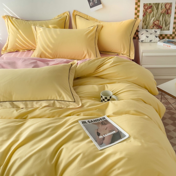 91家纺网 家纺一手货源 找家纺 锦彩 40长绒棉13372全棉纯色混搭风四件套 初黄-浅豆沙