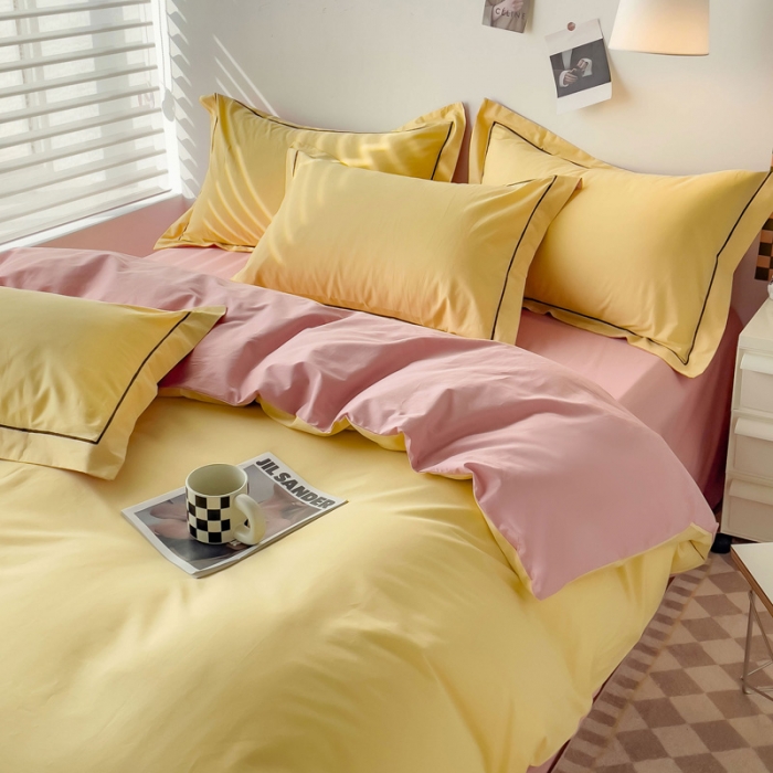 91家纺网 家纺一手货源 找家纺 锦彩 40长绒棉13372全棉纯色混搭风四件套 初黄-浅豆沙