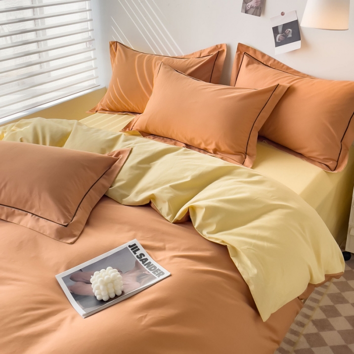 91家纺网 家纺一手货源 找家纺 锦彩 40长绒棉13372全棉纯色混搭风四件套 南瓜橘-初黄