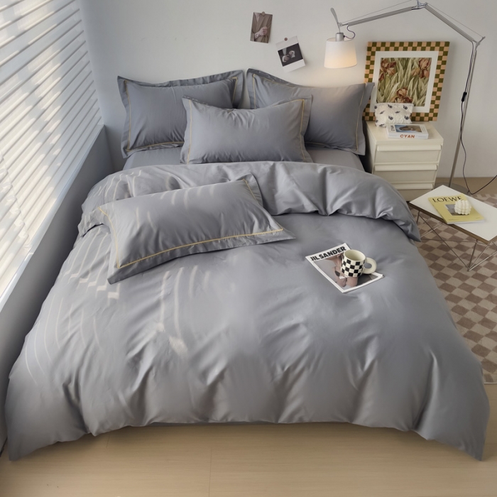 91家纺网 家纺一手货源 找家纺 锦彩 40长绒棉13372全棉纯色混搭风四件套 中灰