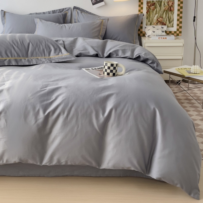 91家纺网 家纺一手货源 找家纺 锦彩 40长绒棉13372全棉纯色混搭风四件套 中灰