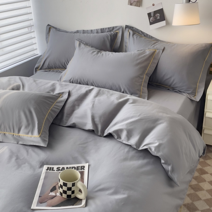 91家纺网 家纺一手货源 找家纺 锦彩 40长绒棉13372全棉纯色混搭风四件套 中灰