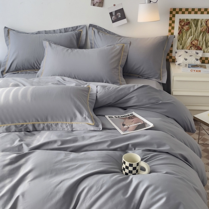 91家纺网 家纺一手货源 找家纺 锦彩 40长绒棉13372全棉纯色混搭风四件套 中灰