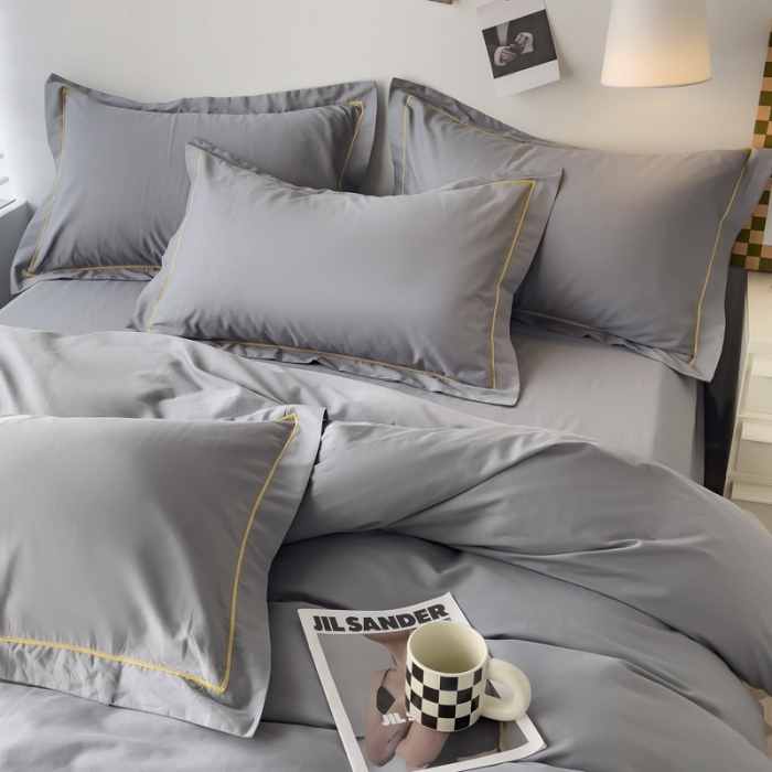 91家纺网 家纺一手货源 找家纺 锦彩 40长绒棉13372全棉纯色混搭风四件套 中灰