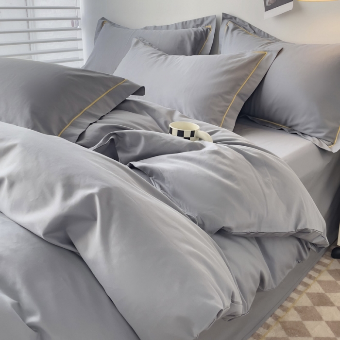 91家纺网 家纺一手货源 找家纺 锦彩 40长绒棉13372全棉纯色混搭风四件套 中灰