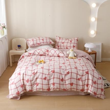 2023新款40支纱全棉13070锁边工艺款四件套系列 格子爱心