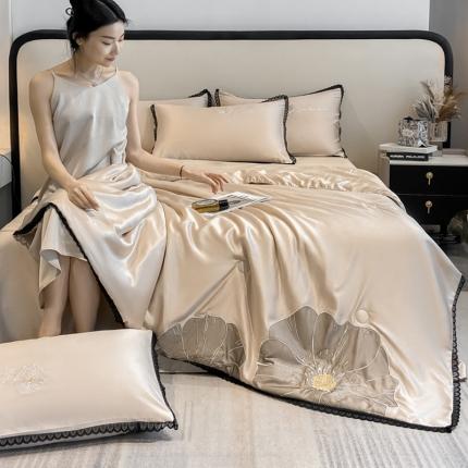 91家纺网 家纺一手货源 找家纺 2024子由家居水洗真丝贴布绣花花边夏被四件套 太阳花-杏咖