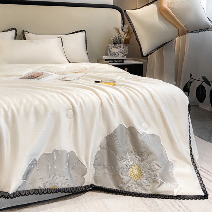 91家纺网 家纺一手货源 找家纺 2024子由家居水洗真丝贴布绣花花边夏被四件套 太阳花-本白