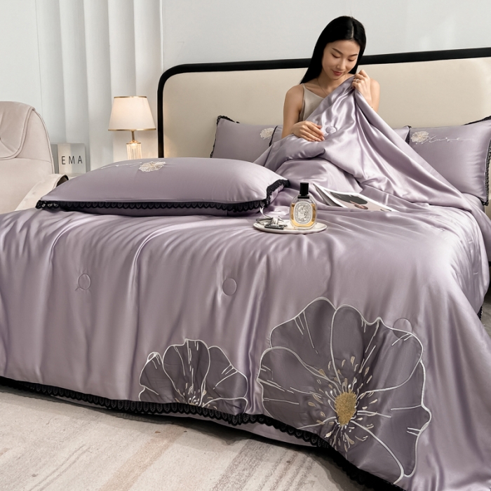 91家纺网 家纺一手货源 找家纺 2024子由家居水洗真丝贴布绣花花边夏被四件套 太阳花-浅紫