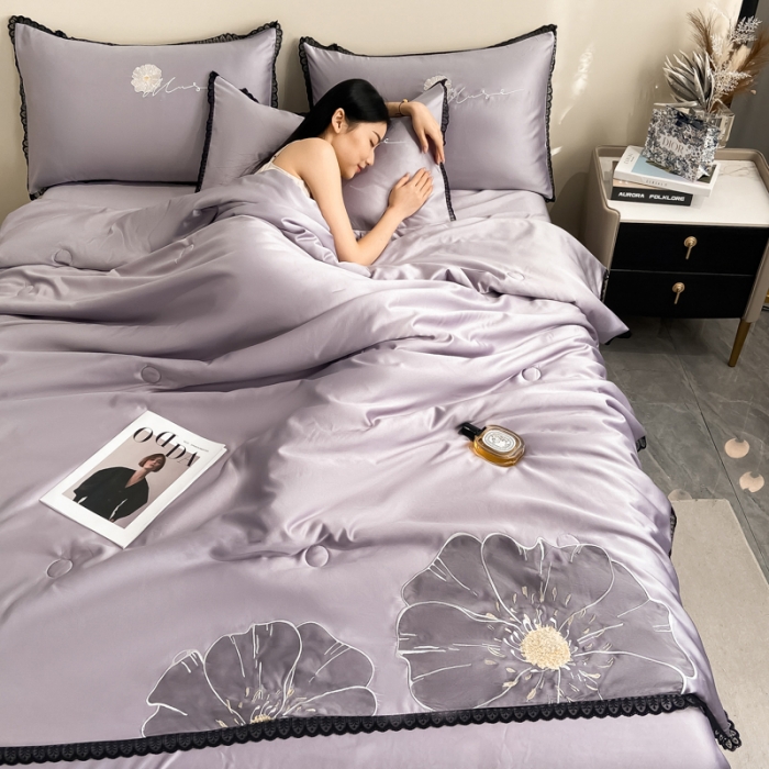 91家纺网 家纺一手货源 找家纺 2024子由家居水洗真丝贴布绣花花边夏被四件套 太阳花-浅紫