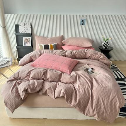 91家纺网 家纺一手货源 找家纺 （总）价格下调三沁直播爆AAB版款纯棉全棉色织水洗棉简约格子式四件套（床单直角）