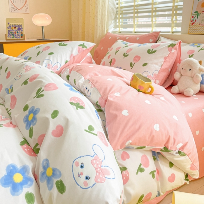 91家纺网 家纺一手货源 找家纺 芷卧 2025新款13372全棉碎花小清新四件套 兔花园