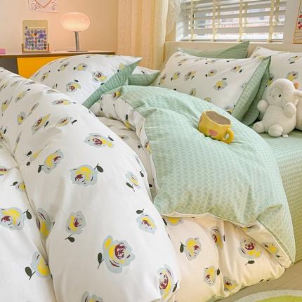 91家纺网 家纺一手货源 找家纺 芷卧 2025新款13372全棉碎花小清新四件套 绿玫瑰