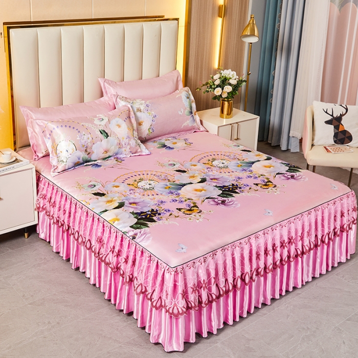 91家纺网 家纺一手货源 找家纺 艾裙海 2025新款冰丝凉席三件套系列-床裙款 春香满园-粉