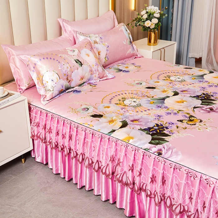 91家纺网 家纺一手货源 找家纺 艾裙海 2025新款冰丝凉席三件套系列-床裙款 春香满园-粉