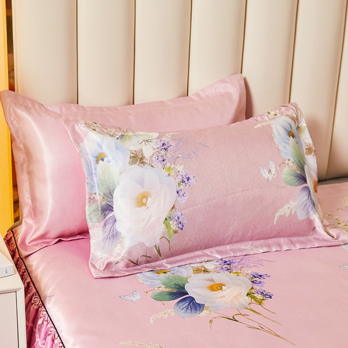 91家纺网 家纺一手货源 找家纺 艾裙海 2025新款冰丝凉席三件套系列-床裙款 春香满园-粉