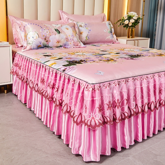 91家纺网 家纺一手货源 找家纺 艾裙海 2025新款冰丝凉席三件套系列-床裙款 春香满园-粉