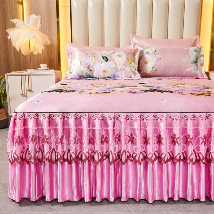 91家纺网 家纺一手货源 找家纺 艾裙海 2025新款冰丝凉席三件套系列-床裙款 春香满园-粉