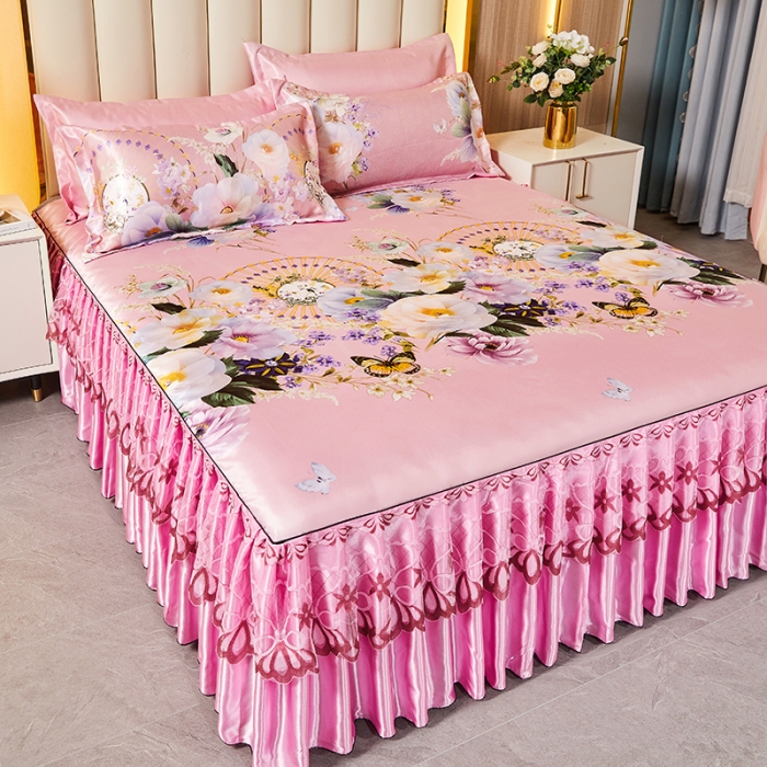 91家纺网 家纺一手货源 找家纺 艾裙海 2025新款冰丝凉席三件套系列-床裙款 春香满园-粉