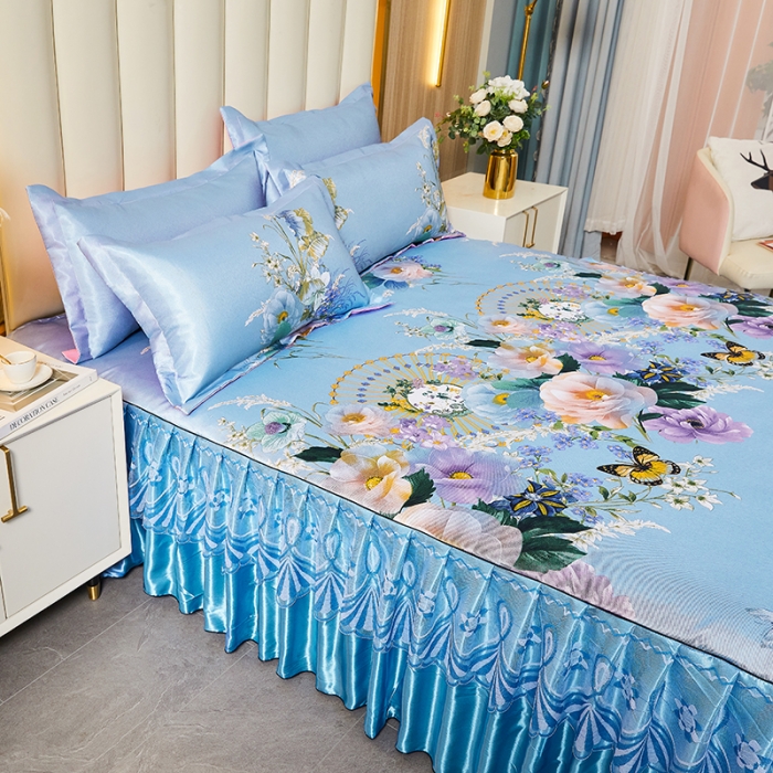 91家纺网 家纺一手货源 找家纺 艾裙海 2025新款冰丝凉席三件套系列-床裙款 春香满园--兰