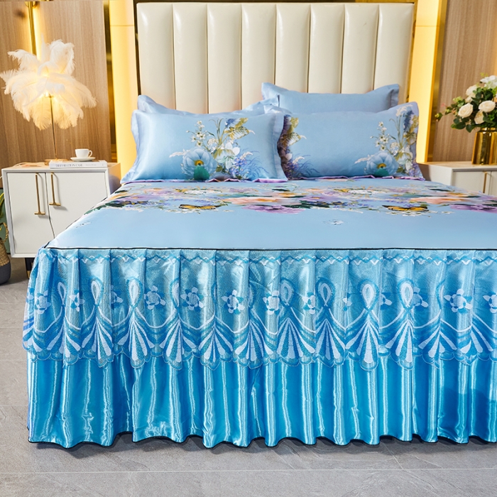 91家纺网 家纺一手货源 找家纺 艾裙海 2025新款冰丝凉席三件套系列-床裙款 春香满园--兰