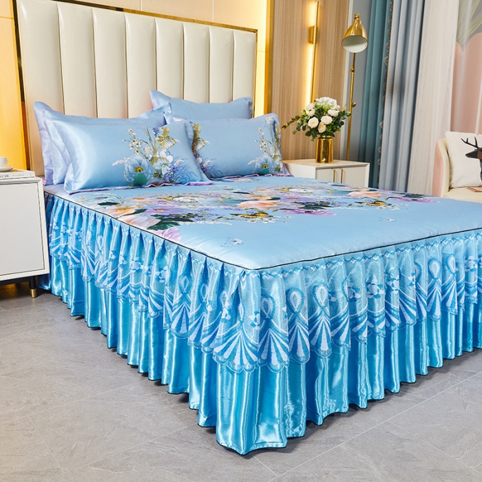 91家纺网 家纺一手货源 找家纺 艾裙海 2025新款冰丝凉席三件套系列-床裙款 春香满园--兰