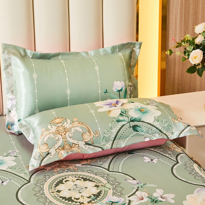 91家纺网 家纺一手货源 找家纺 艾裙海 2025新款冰丝凉席三件套系列-床裙款 花开富贵--绿