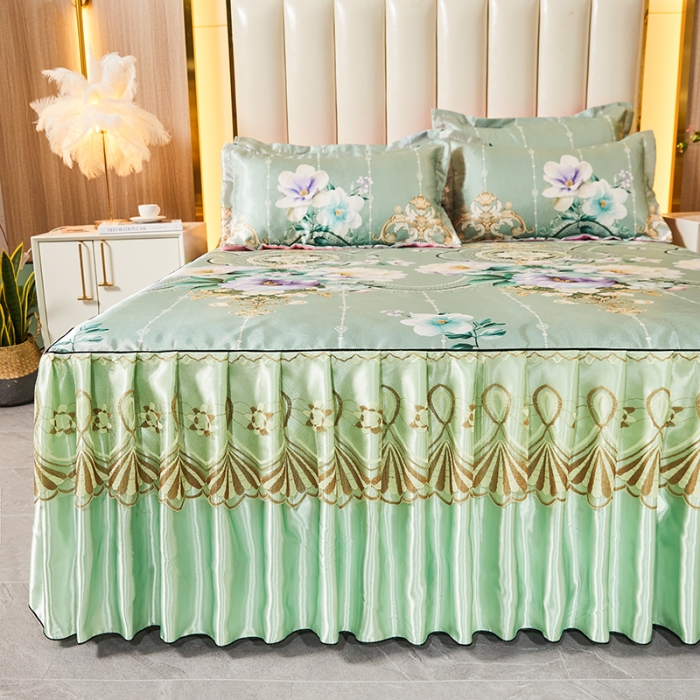 91家纺网 家纺一手货源 找家纺 艾裙海 2025新款冰丝凉席三件套系列-床裙款 花开富贵--绿