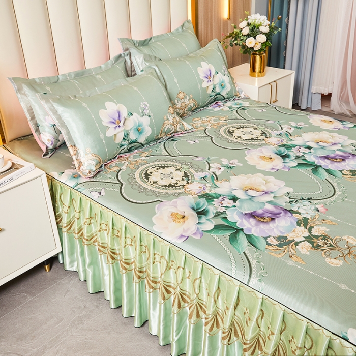 91家纺网 家纺一手货源 找家纺 艾裙海 2025新款冰丝凉席三件套系列-床裙款 花开富贵--绿