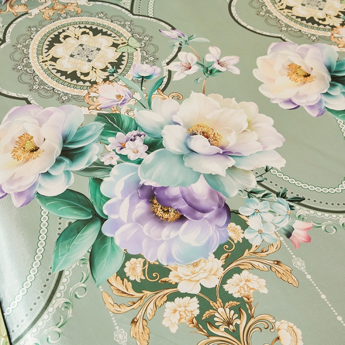 91家纺网 家纺一手货源 找家纺 艾裙海 2025新款冰丝凉席三件套系列-床裙款 花开富贵--绿