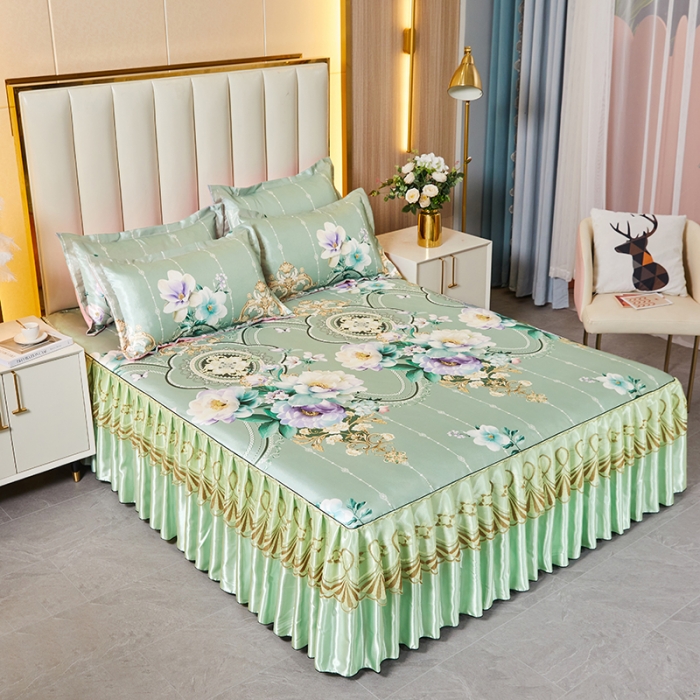 91家纺网 家纺一手货源 找家纺 艾裙海 2025新款冰丝凉席三件套系列-床裙款 花开富贵--绿