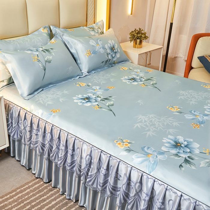 91家纺网 家纺一手货源 找家纺 艾裙海 2025新款冰丝凉席三件套系列-床裙款 雅兰花开