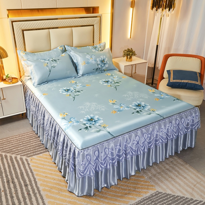 91家纺网 家纺一手货源 找家纺 艾裙海 2025新款冰丝凉席三件套系列-床裙款 雅兰花开