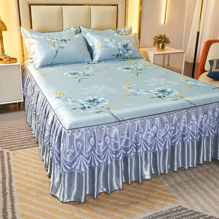 91家纺网 家纺一手货源 找家纺 艾裙海 2025新款冰丝凉席三件套系列-床裙款 雅兰花开