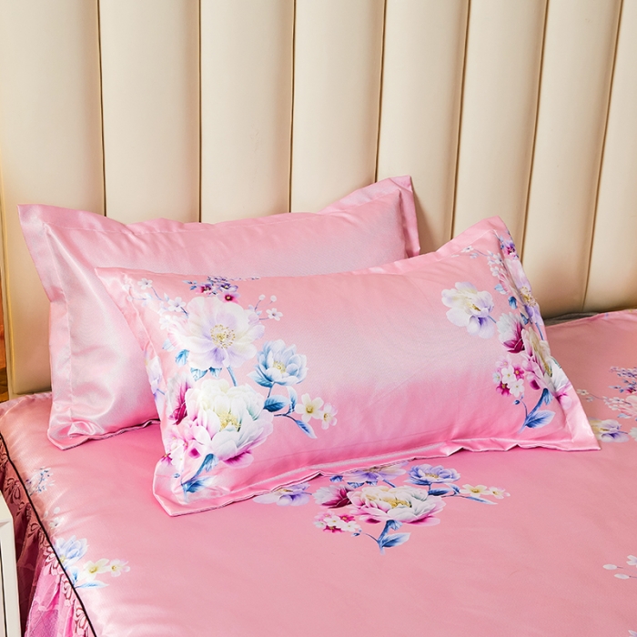 91家纺网 家纺一手货源 找家纺 艾裙海 2025新款冰丝凉席三件套系列-床裙款 幸福花语--玉色