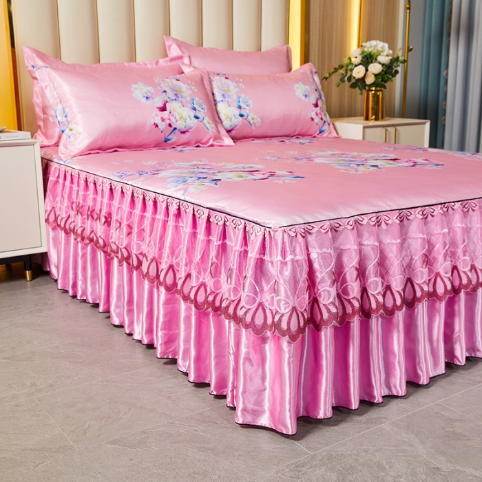 91家纺网 家纺一手货源 找家纺 艾裙海 2025新款冰丝凉席三件套系列-床裙款 幸福花语--玉色