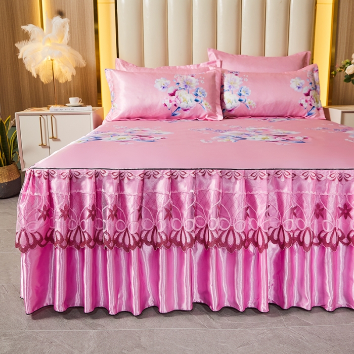 91家纺网 家纺一手货源 找家纺 艾裙海 2025新款冰丝凉席三件套系列-床裙款 幸福花语--玉色