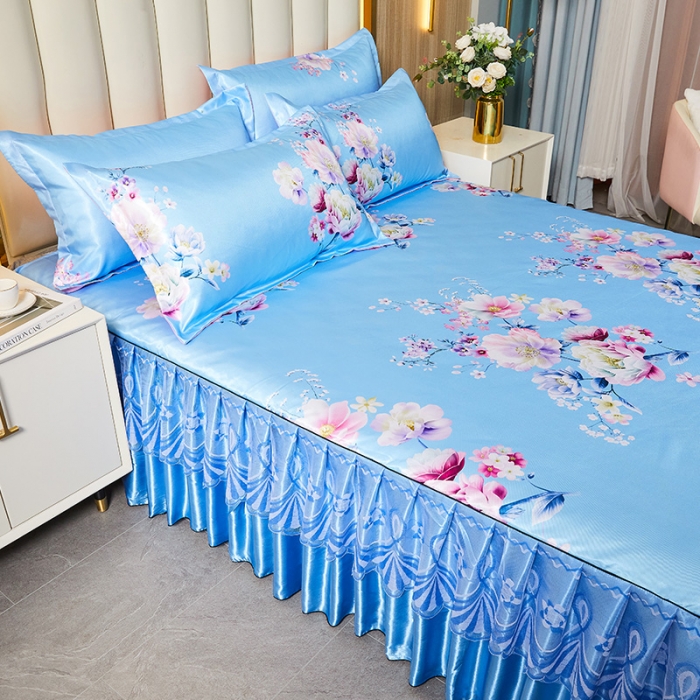 91家纺网 家纺一手货源 找家纺 艾裙海 2025新款冰丝凉席三件套系列-床裙款 幸福花语--天蓝色